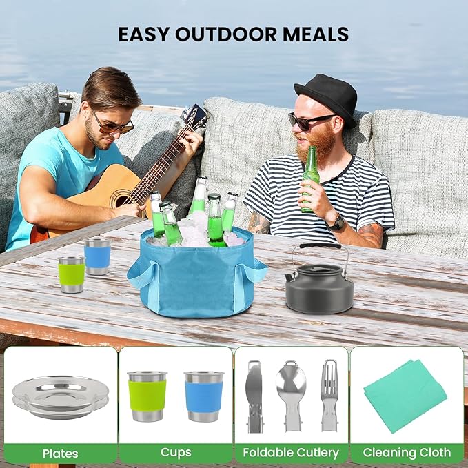 Portable BBQ Grill Cookware Set: GEEKHOM 20PCS Stainless Steel Camping Pots and Pans, Compact Foldable Design with Carrying Tote for Hiking,Camping, Backpacking, Picnic(2-3 Person)