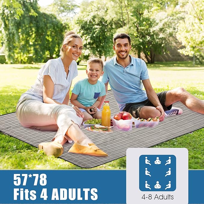 Picnic Outdoor Blankets Waterproof Extra Large - Beach Mat Sand Free Foldable with Carry Strap | Portable Camping Blanket | Park Blanket for Grass Park, Hiking, Travel, Concerts, Indoor (Grey Check)