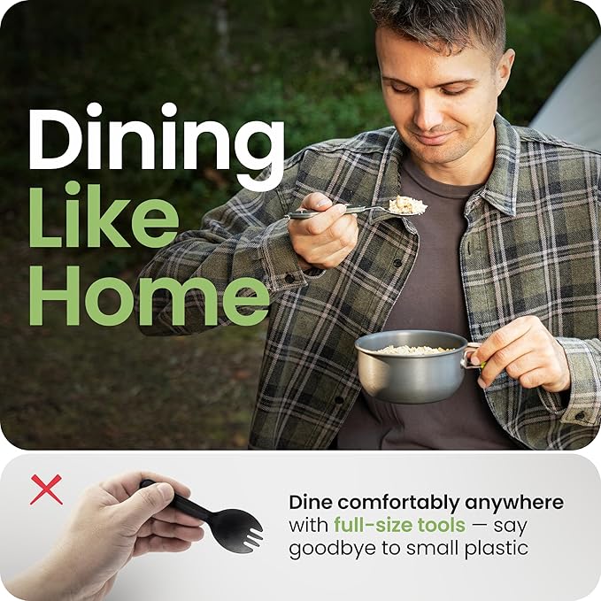 Orblue 4-in-1 Camping Utensils, 1-Pack, Portable Stainless Steel Spoon, Fork, Knife & Bottle Opener Combo Set - Travel, Backpacking Cutlery Multitool Olive Green