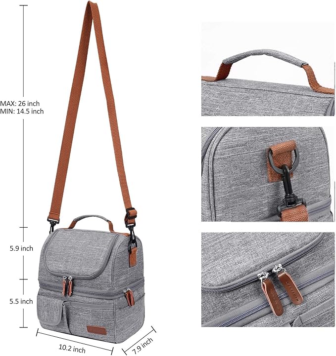 LOKASS Lunch Bag Double Deck Insulated Lunch Box Large Cooler Tote Bag with Removable Shoulder Strap Wide Open Thermal Meal Prep Lunch Organizer Box for Men/Women/Adults/Work/Outdoor, Gray