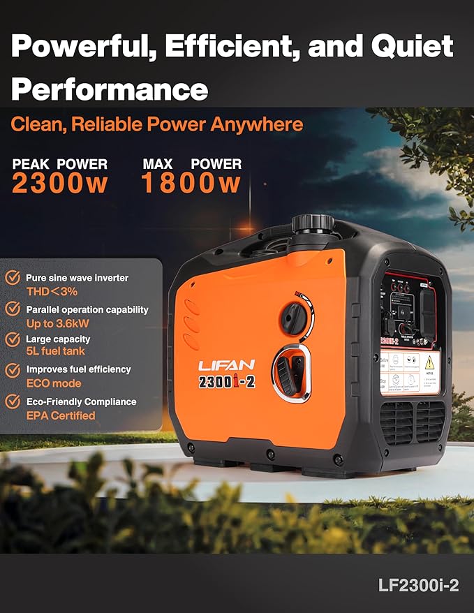 LIFAN 2300W Gasoline Inverter Generator - Portable, Quiet & Fuel-Efficient Power Solution for Home, Camping, RV & Emergency Use with Parallel Capability