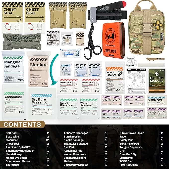 RHINO RESCUE IFAK Trauma Kit with C-A-T Tourniquet, Tactical First Aid Kit Molle Pouch for Military, Combat, Car, Camping, Hiking, Travel, FSA HSA Eligible (Camo)