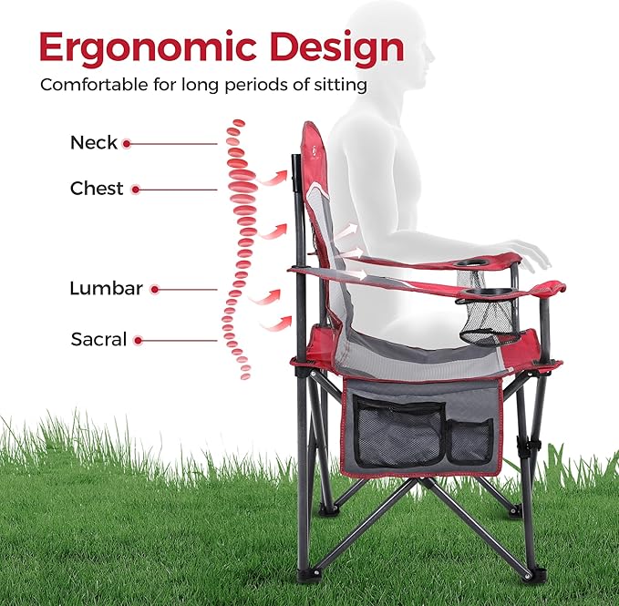 ALPHA CAMP Oversized Mesh Back Camping Folding Chair Heavy Duty Support 350 LBS Collapsible Steel Frame Quad Chair Padded Arm Chair with Cup Holder Portable for Outdoor (Red/Grey)