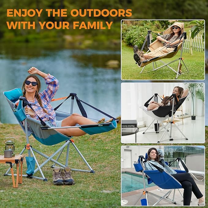 KingCamp Hammock Chair with Footrest, Swinging Portable Folding Camping Chairs for Adults MAX 400lbs Heavy Duty Foldable Oversized Rocker with Cup Holder Pillow for Outdoor Beach Patio Sport Lawn