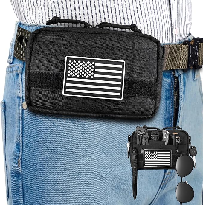 MOZETO Belt Pouches for Men, Water Resistant Small Belt Bag with USA Flag Patch, Pocket Organizer Storage EDC Gear for Work, Travel, Hiking