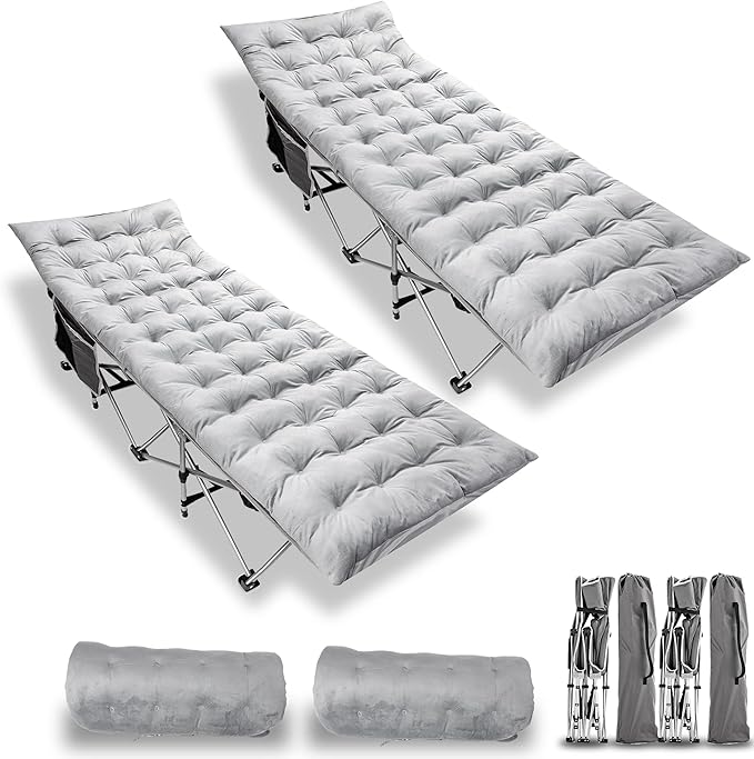 Zento Camping Cot and Mattress Folding Outdoor Travel Bed 2 Pack - Heavy Duty Max Load 450 LBS Premium Quality Cot Bed with Pad for Comfort Sleeping for Travel Home and Anytime Use