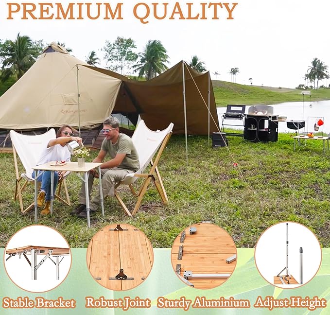 KingCamp Bamboo Folding Table Environmental Camping Table with Adjustable Height Aluminum Legs Heavy Duty 4-Folds Portable Camp Tables for Travel, Picnic, Party, Beach, 1-2 People