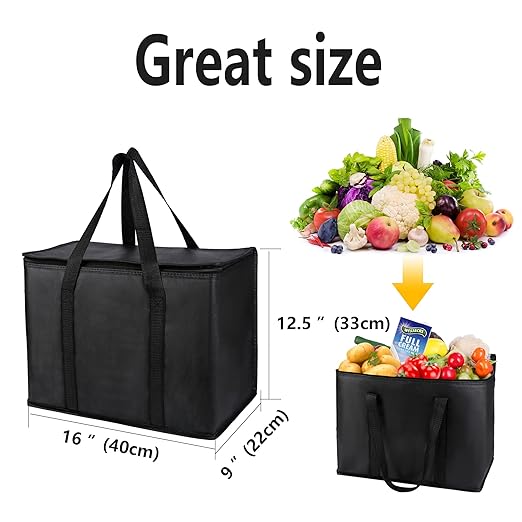 musbus 2 pack Additional Bottom Plate Black Insulated Grocery shopping bag, Delivery,pizza,reusable bags, Sturdy zipper,Collapsible,tote,cooler,thermal,Beach,waterproof heavy duty