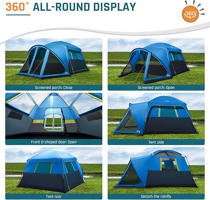 Tents for Camping 6/10 Person Camping Tent with Screen Porch, Weatherproof Large Cabin Tent with Rainfly and Carry Bag, Family Tent for Outdoor Camping and Backyard