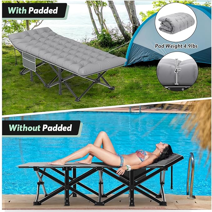Slendor Oversized XXL Camping Cot, Folding Cot for Adults, 79" L x 32" W x 19" H Sleeping Cot with Mattress, Carry Bag, Camp Cot Bed for Travel, Guest, Support 500lbs, Stripe Grey Cot+ Grey Pad