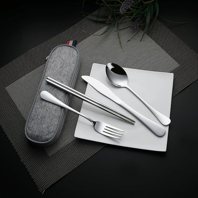 DEVICO Camping Utensils, Portable Travel Utensils with Case, Stainless Steel Reusable Silverware for Lunch Adult, 5Pcs Cutlery Set Includes Knife Spoon Fork Chopsticks and Case (Silver)