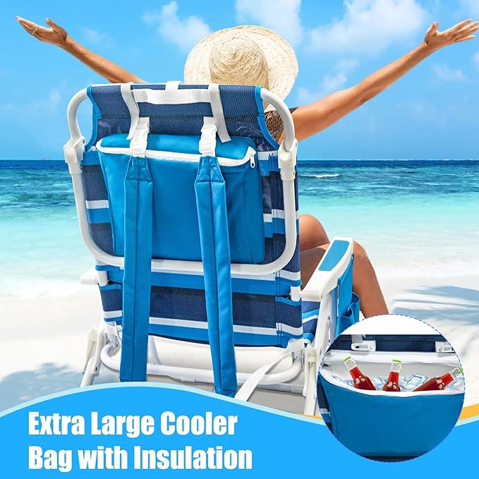 Beach Chair 2 Pack, 5 Positions Textilene Folding Reclining Beach Chair with Backpack Straps, Cooler Bag & Cup Holder for Outdoor Lawn Camping