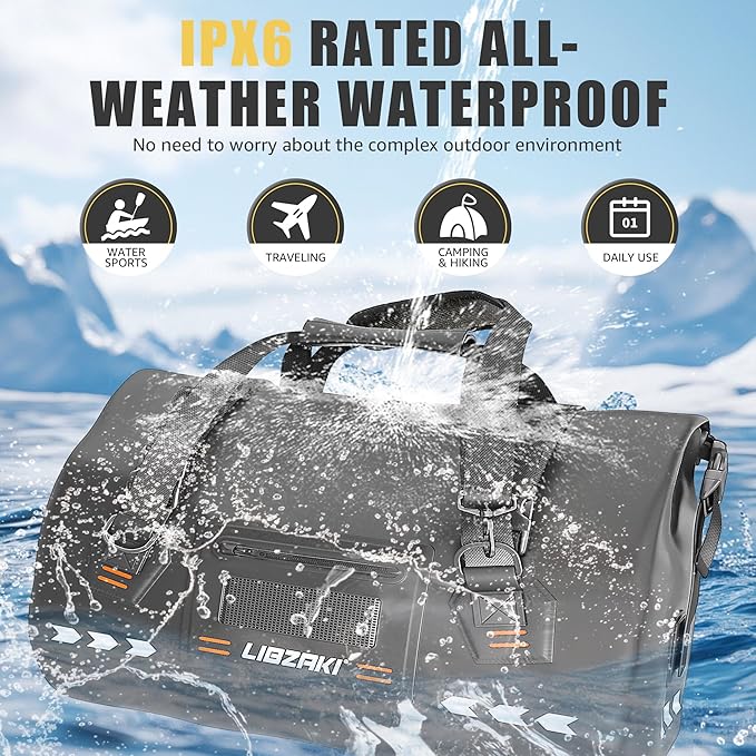 LIBZAKI Waterproof Rolltop Duffel Bag-Heavy Duty Dry Bag for Motorcycle Camping & Boating, Military-Grade Seams & Quick-Release Buckles 70L Black