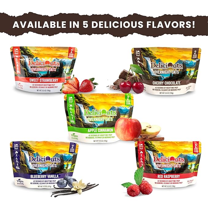DeliciOats Overnight Oats | Dairy Free, Soy Free, Gluten Free Oatmeal for Backpacking, Camping, Emergency Food, and Everyday Breakfast (Pack of 1, Cherry Chocolate)