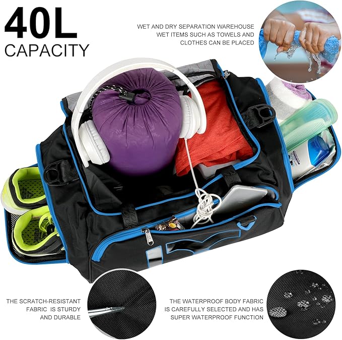 Sports Gym Bag,INOXTO Travel Duffel Bag with Dry Wet Pocket And Shoe CompartmentFor Women and Men,40L/55L Fitness Waterproof Weekender Bag For Swim Sports Travel Working Out (Black blue, 40L)