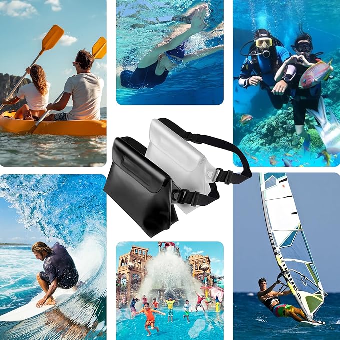 Waterproof Fanny Pack 2 Pack 8.9" Waterproof Pouch for Phone Passport Wallet Purse with Adjustable Waist Strap Kayak Accessories for Travel Beach Cruise Travel Essentials Accessories