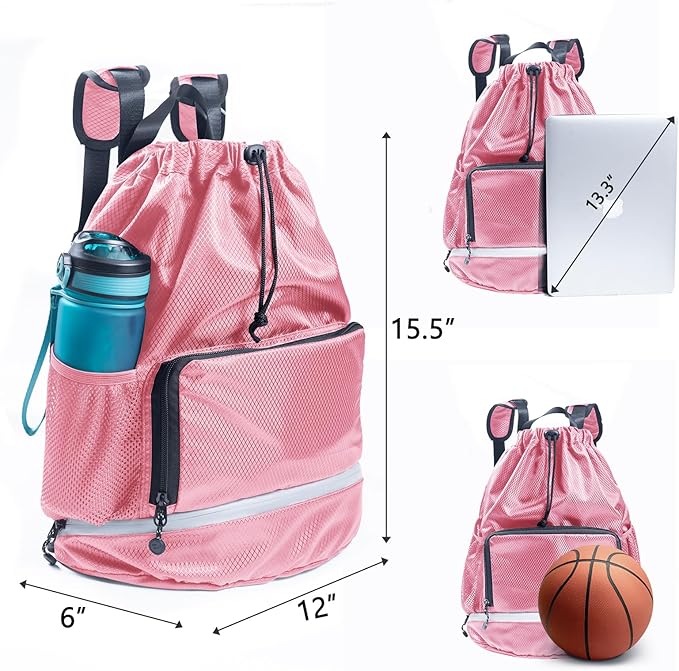 Beach Swim Bag Sports Drawstring Backpack - Gym Bag with Shoes Compartment and Waterproof Pocket for Accessories, Swim Essentials - Workout Bag