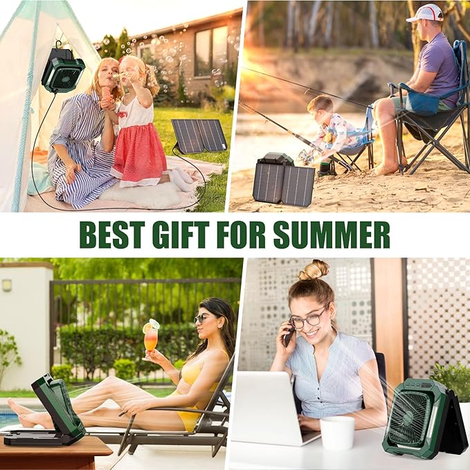 26800mAh Portable Camping fan Rechargeable, 2-in-1 Battery Powered Solar Fan with Detachable Solar Panel, 270° Rotation Personal USB Desk Fan with 3 Speed/Timer/LED Light/Hanging Hook for Outdoor