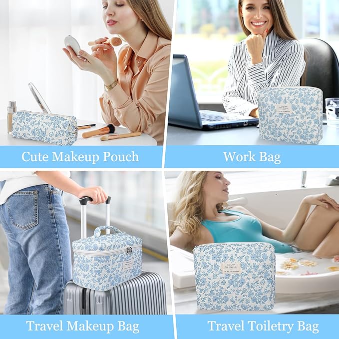 3pc Makeup Bag Set, Quilted Makeup Bag Set, Large Floral Cosmetic Bag for Women, Cute Cotton Makeup Bags, Flower Travel Toiletry Organizer Bag(Green Dog Print)