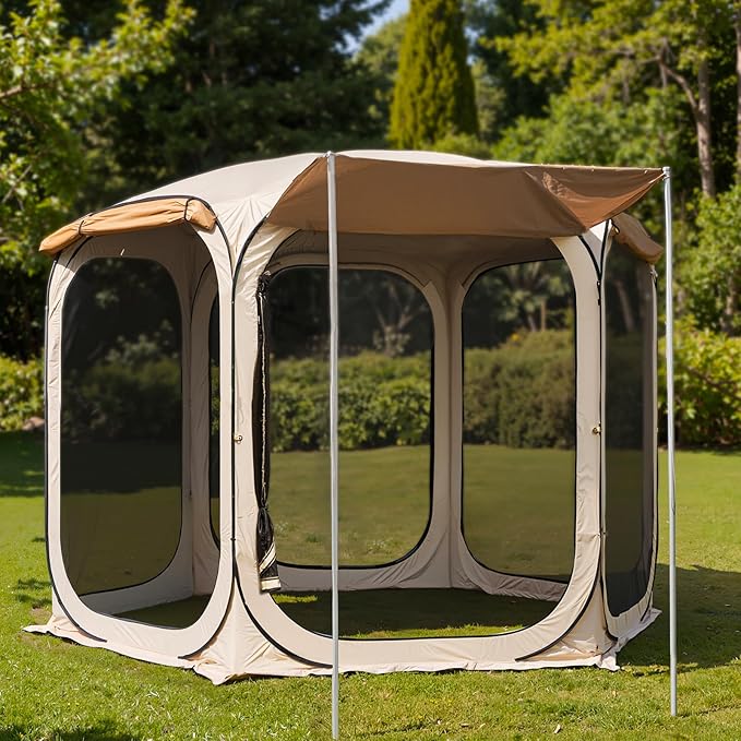 East Oak 12ร12 FT Pop Up Canopy Tent with Mesh | Outdoor Screen House with 4 Sunshades | Instant Canopy with Portable Carry Bag | Gazebo Tent for Camping, Patio, and Beach | Beige