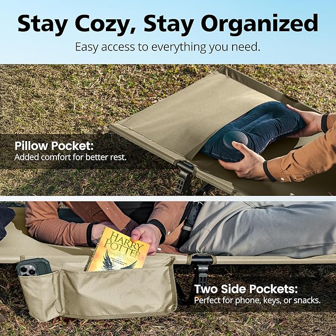 Ultralight Camping Cot for Adults, Portable Folding Camping Bed, Supports 350 lbs - Lightweight for Travel, Camping, Hiking, Backpacking, Mountaineering (Khaki)