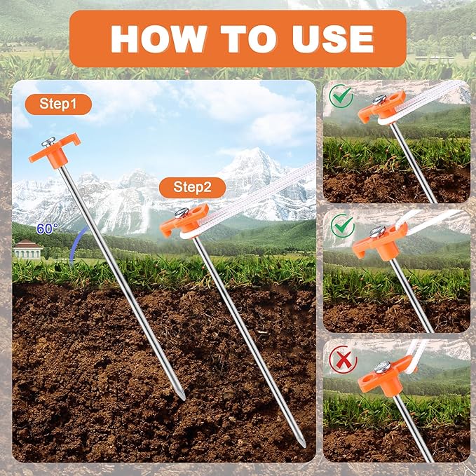 Aodaer 24 Pack Tent Stakes Heavy Duty Tent Pegs 10.25 Inch Non-Rust Metal Yard Stakes with 4x10ft Ropes and Storage Bag Inflatable Stakes for Gardening & Canopies, Camping Halloween Christmas, Orange