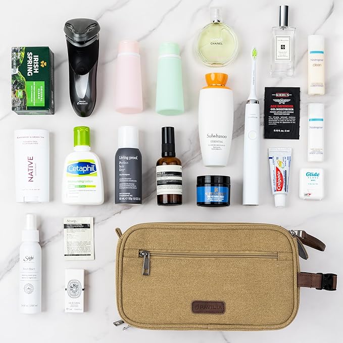 PAVILIA Toiletry Bag for Men, Canvas Travel Dopp Kit, Water Resistant Hygiene Bag Toiletries Organizer, Shaving Kit Travel Accessories Bag, Tan Khaki
