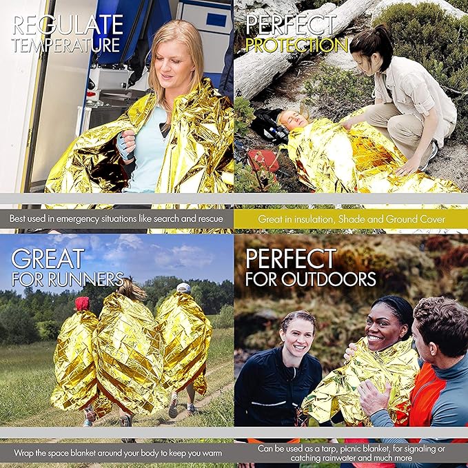 EVERLIT Emergency Mylar Thermal Blankets -Space Blanket Survival kit Camping Blanket Perfect for Outdoors, Hiking, Survival, Bug Out Bag ,Marathons or First Aid 1(Gold & Silver, 4 Pack)