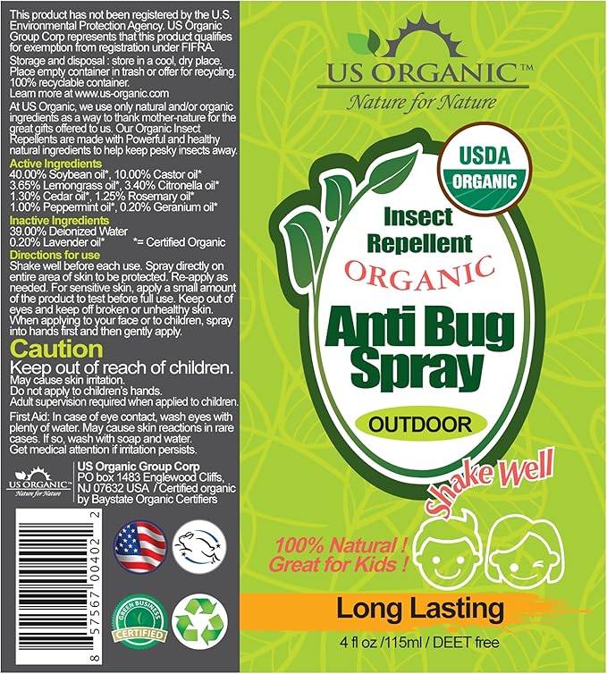 US Organic Organic Mosquito Repellent Anti Bug Outdoor Pump Sprays, 4 Ounces, Certified Organic, Proven Results by lab Testing, deet-Free