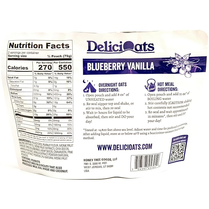 DeliciOats Overnight Oats | Dairy Free, Soy Free, Gluten Free Oatmeal for Backpacking, Camping, Emergency Food, and Everyday Breakfast (Pack of 1, Blueberry Vanilla)