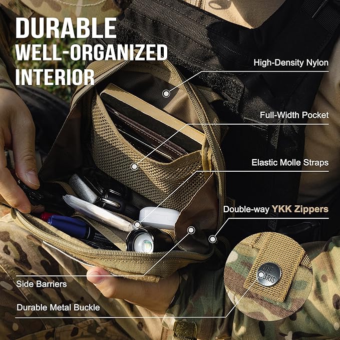 OneTigris MOLLE Pouch, Tactical Admin Pouch Belt EDC Tool Organizer Zippered Utility Waist Pack 7.5"x5"x2"
