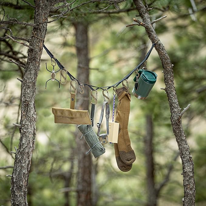 Nite Ize GearLine Hanging Organization System - Gear Ties for Camping, Hiking & Outdoor Activities - Webbing Line with S-Biner Clips & Bendable Ties - Camping Gear Organization - Coyote