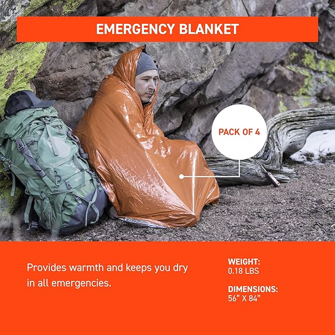 Survive Outdoors Longer 90% Heat Reflective Emergency Blanket - Polyethylene Rescue Blanket - Disaster Preparedness or Outdoor Survival Kit - Waterproof & Windproof - 56" x 84", 5.9 oz, Orange, 4 Pack