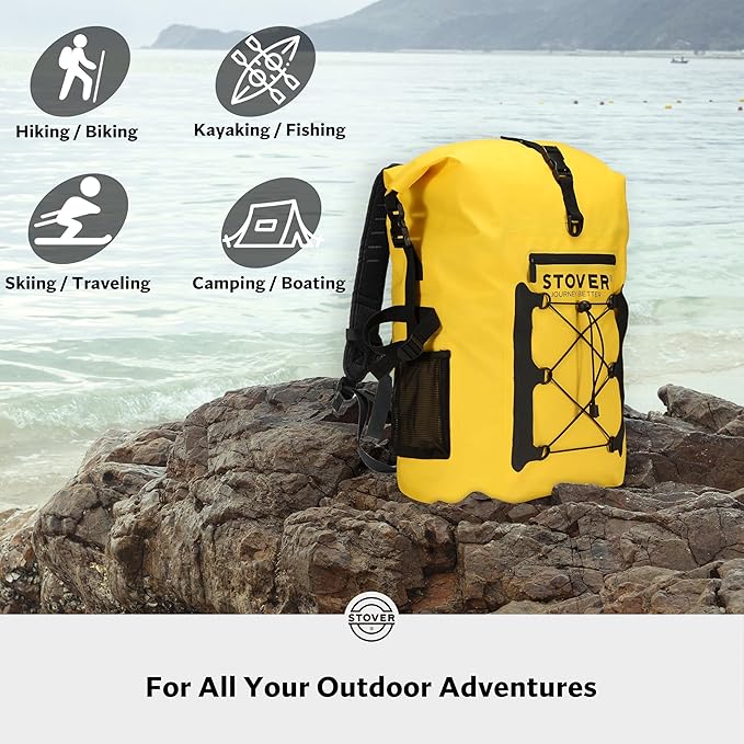 STOVER 5/10/25/30/40/55L Waterproof Dry Backpack- XL Floating Dry Bag for Kayaking, Travel, Tubing, Hiking, Fishing, Camping, Motorcycles, the Beach, Heavy-Duty Roll Top Men/Women (Yellow)