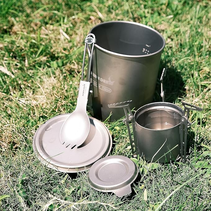 Titanium Backpacking Stove System, Cup/Portable Alcohol Stove/Foldable Spork -750ml Camping Combo (Titanium Combo Set)