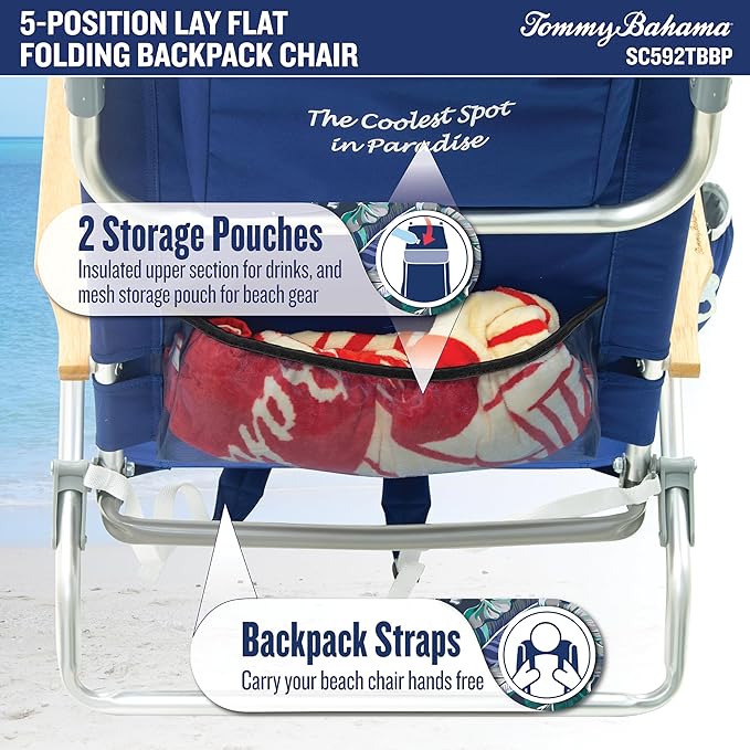 Tommy Bahama 5-Position Classic Lay Flat Folding Backpack Beach Chair, Blue and Green Stripe , 23" x 25.25" x 31.5"