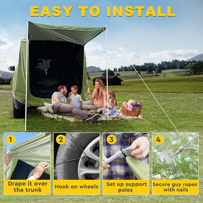 BUMBEE SUV Tailgate Tent Car Roof Canopy and Poles with Awning Shade, Outdoor Hatchback Rear Shelter, Roof Canopy, Waterproof Bug Protection, Fits for MPVs CUVs Van, Green