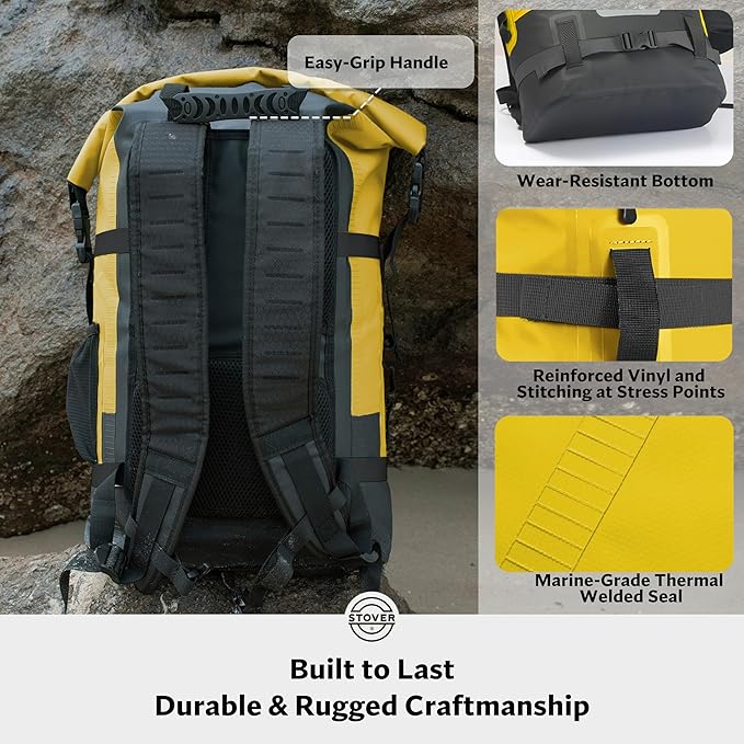STOVER 5/10/25/30/40/55L Waterproof Dry Backpack- Large Floating Dry Bag for Kayaking, Travel, Tubing, Hiking, Fishing, Camping, Motorcycles & the Beach, Heavy-Duty Roll Top Men/Women (Yellow)