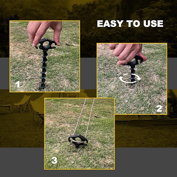 Tent Stakes Sand Stakes for Beach Tent 6 Pack Spiral Anchor Stakes 9.4 Inch Heavy Duty Screw Canopy Stakes for Camping, Hiking and More (6, Black)