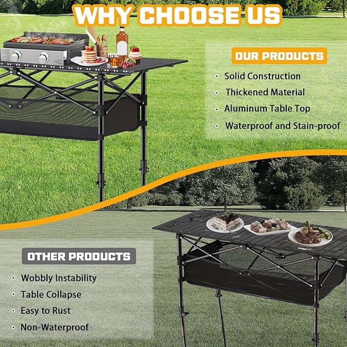 Height Adjustable Camping Table, Outdoor Folding Camping Table with Mesh Storage/Carrying Bag, Portable Aluminum Roll-up Table for Camping, Party, Backyard, BBQ