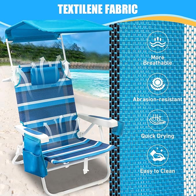 Beach Chair 2 Pack, 5 Positions Textilene Folding Reclining Beach Chair with Backpack Straps, Cooler Bag & Cup Holder for Outdoor Lawn Camping