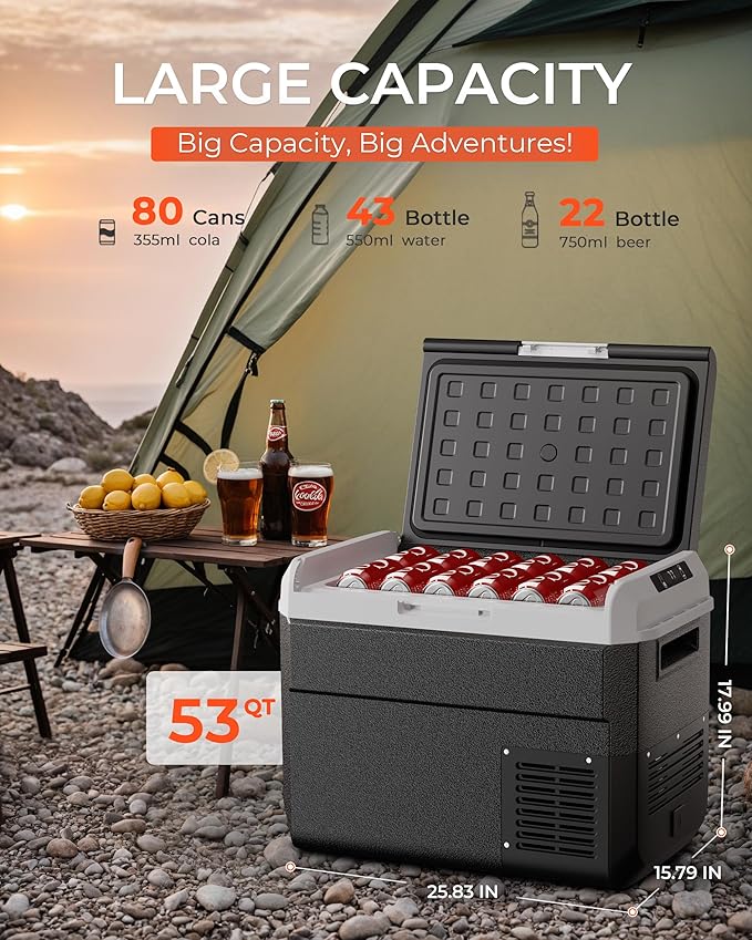 12 Volt Refrigerator, 53 Quart Electric Cooler, Car Fridge 12V/24V DC 100~240V AC, Portable Freezer -4℉~68℉, APP Control, Portable 12V Refrigerator Fridge for Truck, RV, Camping,Travel