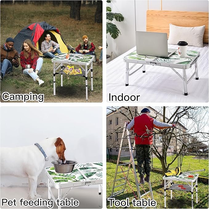 Folding Camping Table 2ft Portable Pinic Table Adjustable Height Small Card Table Aluminum Foldable Lightweight with Carry Handle for Outdoor Indoor Hiking Camp BBQ Beach (Monstera Palm Leaves)