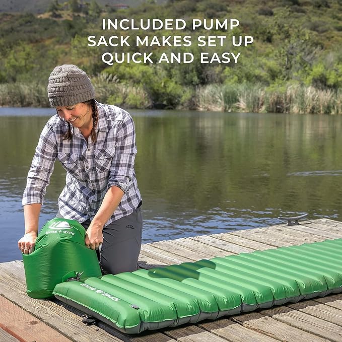 Hyke & Byke Appalachian Inflatable Sleeping Pad for Camping and Backpacking - WR 70 D Ripstop Nylon Fabric - 76 x 24 in - Long - Gray Green
