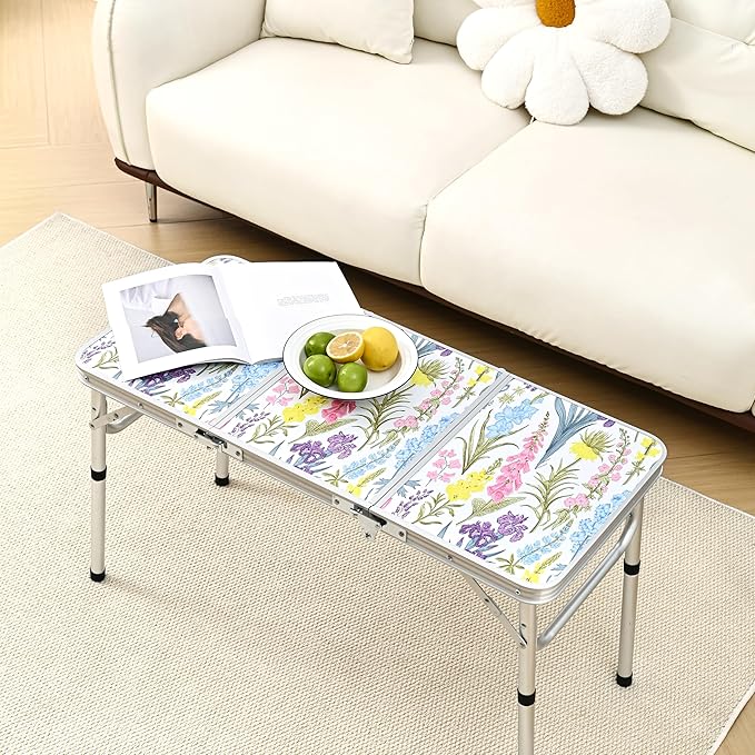Folding Camping Table 3ft Portable Pinic Table Adjustable Height Small Card Table Aluminum Foldable Lightweight with Carry Handle for Outdoor Indoor Hiking Camp BBQ Beach (Blooming Floral)