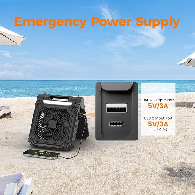 KITWLEMEN 10 Inch Solar Camping Fan with Light- Rechargeable Battery Operated Fan, 19H Run Time, 3 Speed, 6H Timer, SOS Signal, Portable Desk Fan for Camping Fishing RV Trips Hurricane Power Outage