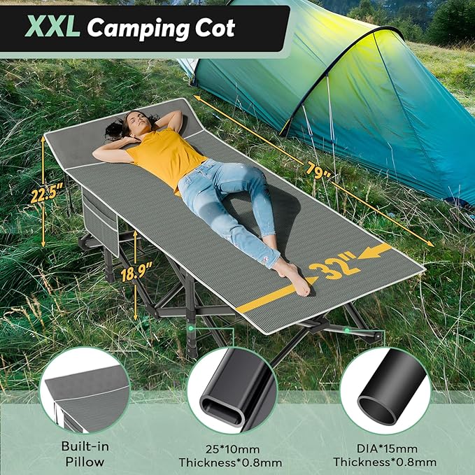 Slendor Oversized XXL Camping Cot, Folding Cot for Adults, 79" L x 32" W x 19" H Sleeping Cot with Mattress, Carry Bag, Camp Cot Bed for Travel, Guest, Support 500lbs, Stripe Grey Cot+ Grey Pad
