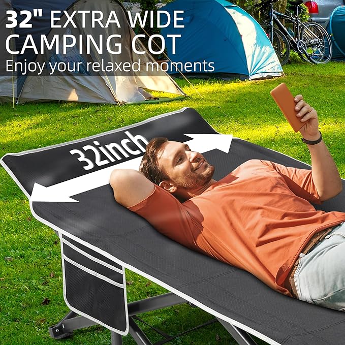 Portable Camping Cot, 32" Extra Wide Camping Cots for Adults with Thick Mattress, Heavy Duty Sleeping Cot Holds Up to 600LBS, Cots for Sleeping, Rv, Beach, Patio, Office Naps(Black)