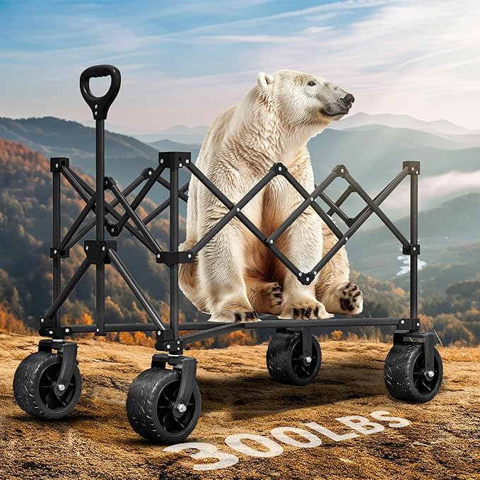 YITAHOME 300Lbs Large Collapsible Foldable Wagon, Heavy Duty Beach Wagon Cart Utility Wagon with 3.2in Wide Big All Terrain Wheels, Side Pocket, Cup Holder, Cover for Sports, Shopping, Camping - Black