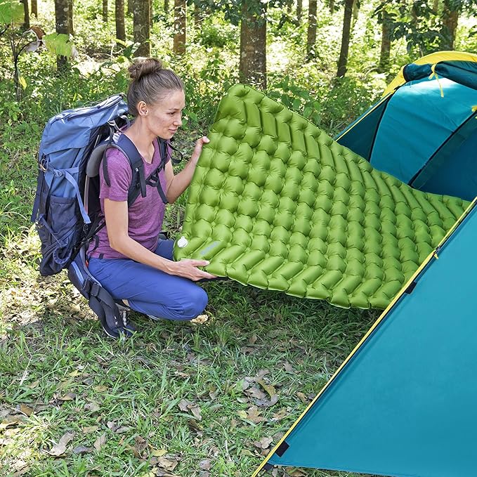 Bestway WanderLite 78 Inch by 28 Inch Large Rectangular Nylon Fabric Outdoor Sleeping Air Pad with Repair Patch and Storage Bag, Green